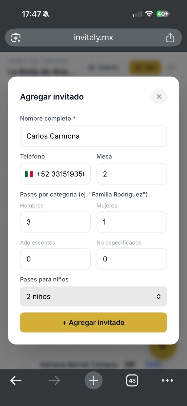 Formulario para agregar invitado con pases por categoría