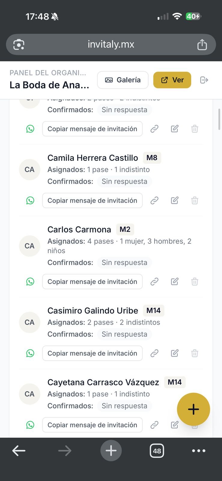 Lista de invitados con botón para copiar el mensaje de invitación