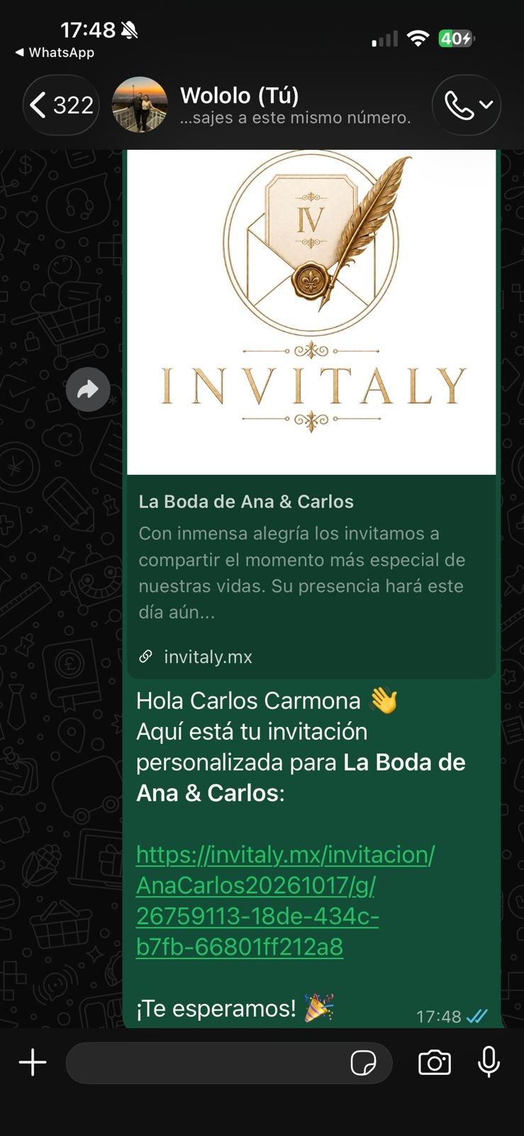 Vista previa del mensaje con el enlace único de la invitación